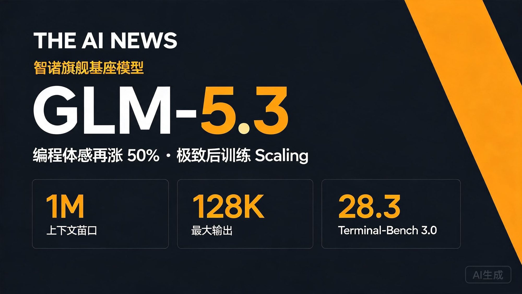 高对比深色杂志风封面：智谱 GLM-5.3 旗舰基座模型，琥珀色斜切色块，1M 上下文、128K 输出、Terminal-Bench 3.0 编程体感跃升