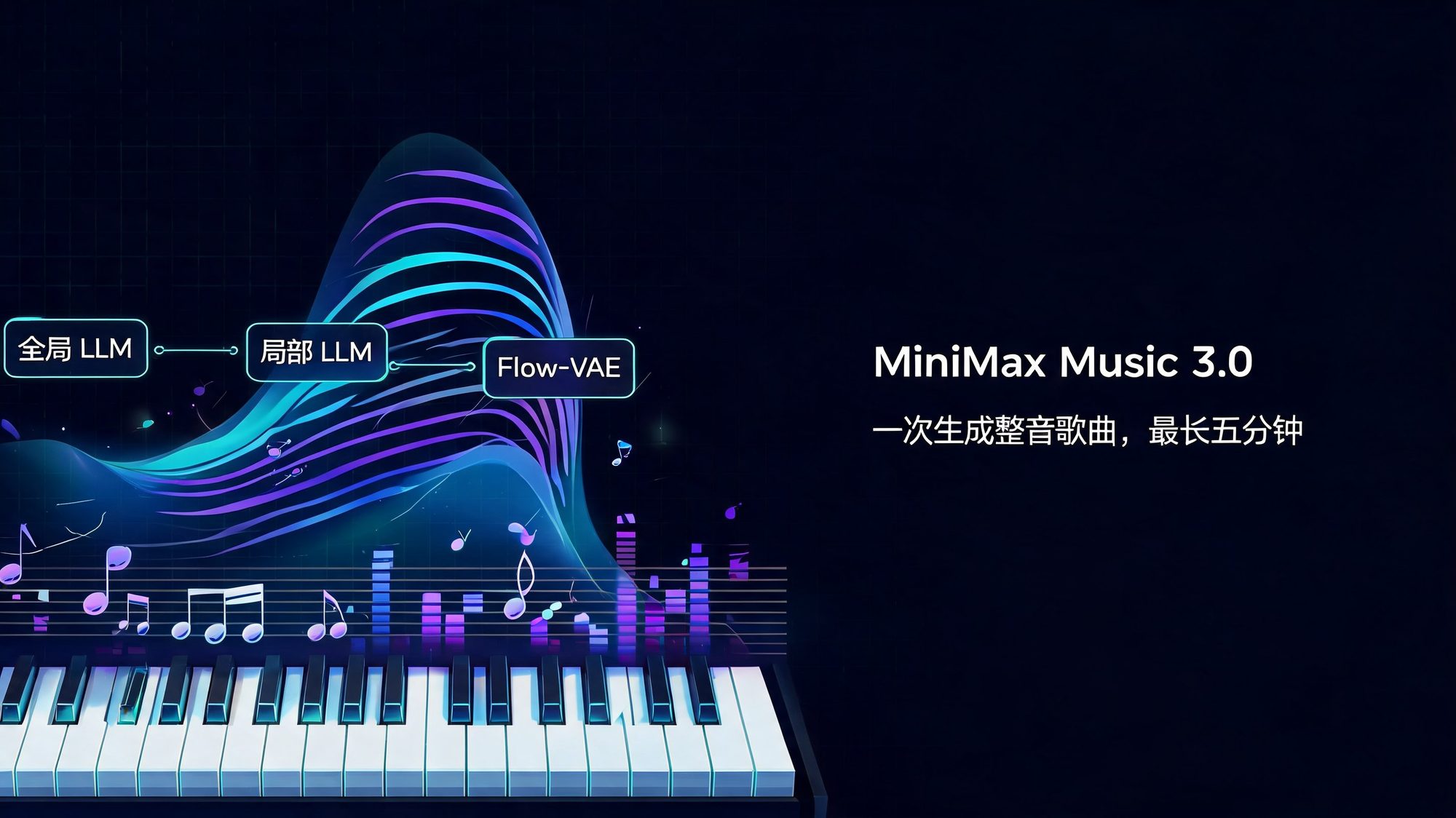 构图中的乐章封面：五线谱上流淌的声波与八层量化码本，标注 Music 3.0 一次生成五分钟完整歌曲