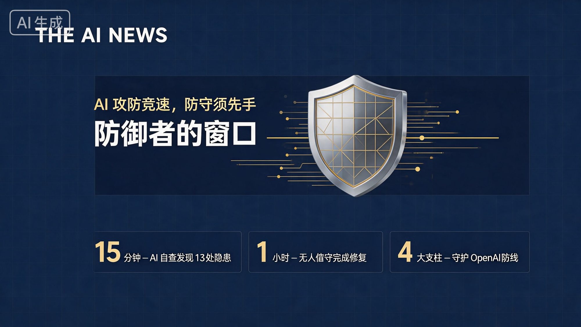商务藏蓝金字封面:盾牌与数字防线的守护意象,标题「防御者的窗口」,统计卡片标注 15 分钟自查漏洞、1 小时 AI 修复、OpenAI 四大自保支柱。