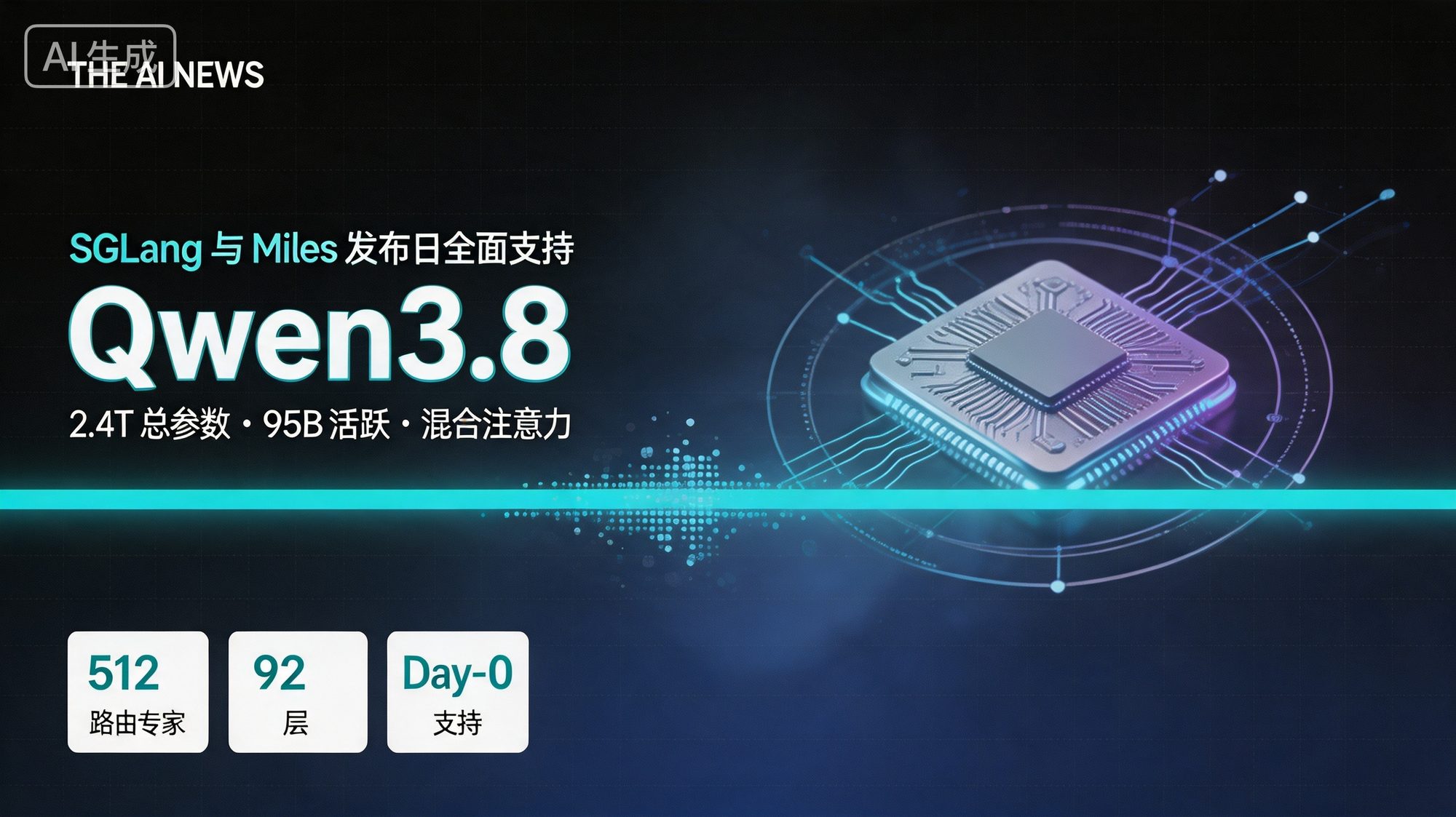 深色科技风封面:Qwen3.8 大模型芯片与数据流节点,突出 2.4T 总参数、95B 活跃参数的混合注意力架构与 Day-0 支持主题