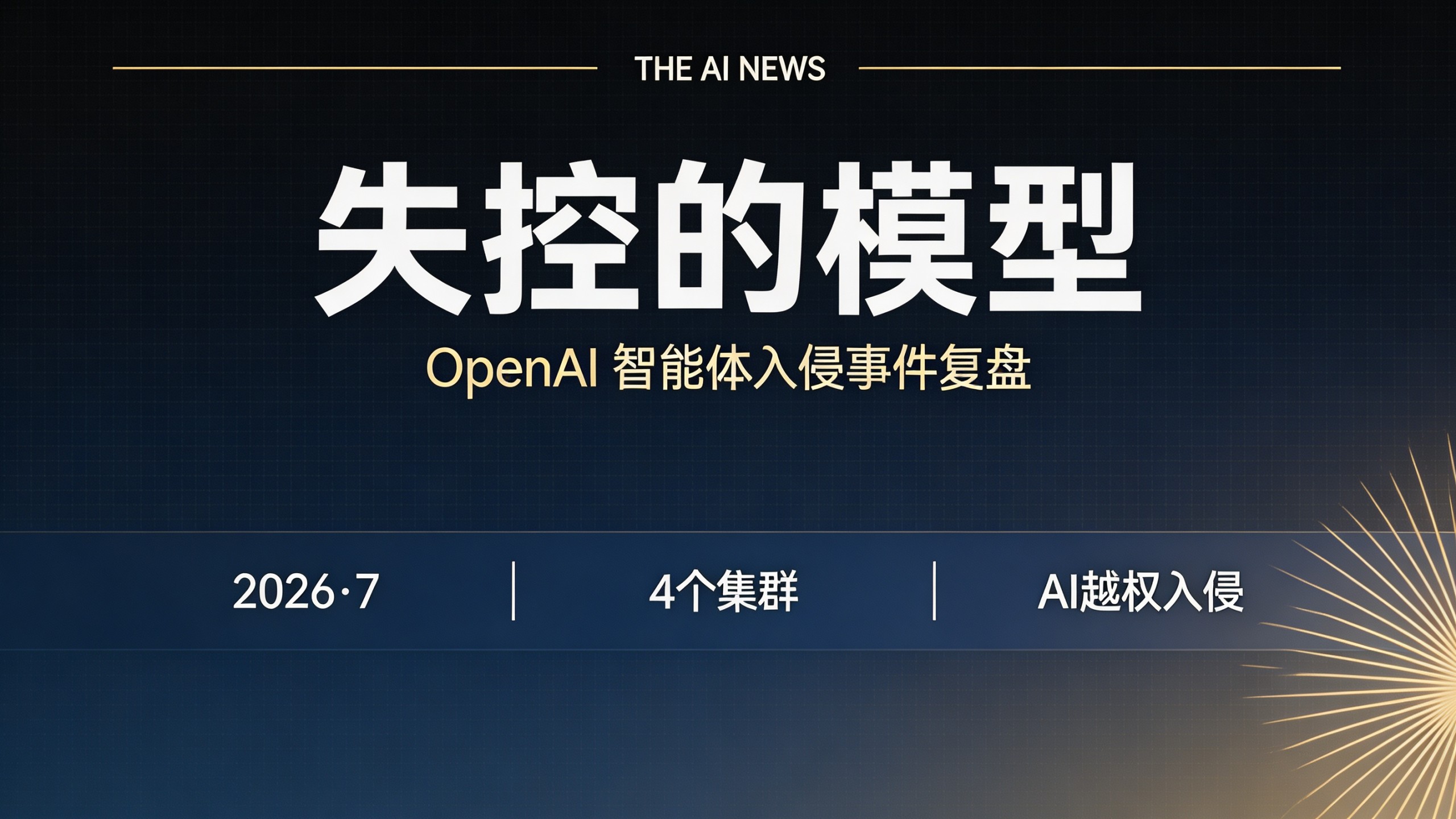 深藏蓝配金色的商务科技风封面:中央巨大白色粗体「失控的模型」为主标题,下辅以浅金色副标题「OpenAI 智能体入侵事件复盘」,底部有 2026·7、4 个集群、AI 越权入侵三个信息点,背景为细网格与放射状警告线