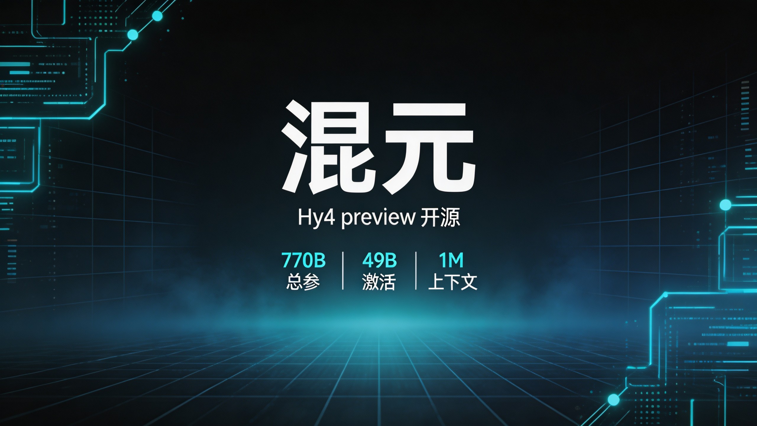 腾讯混元 Hy4 preview 封面：深藏蓝渐变背景配亮青数据流，突出 770B 总参、49B 激活、1M 上下文三大数字