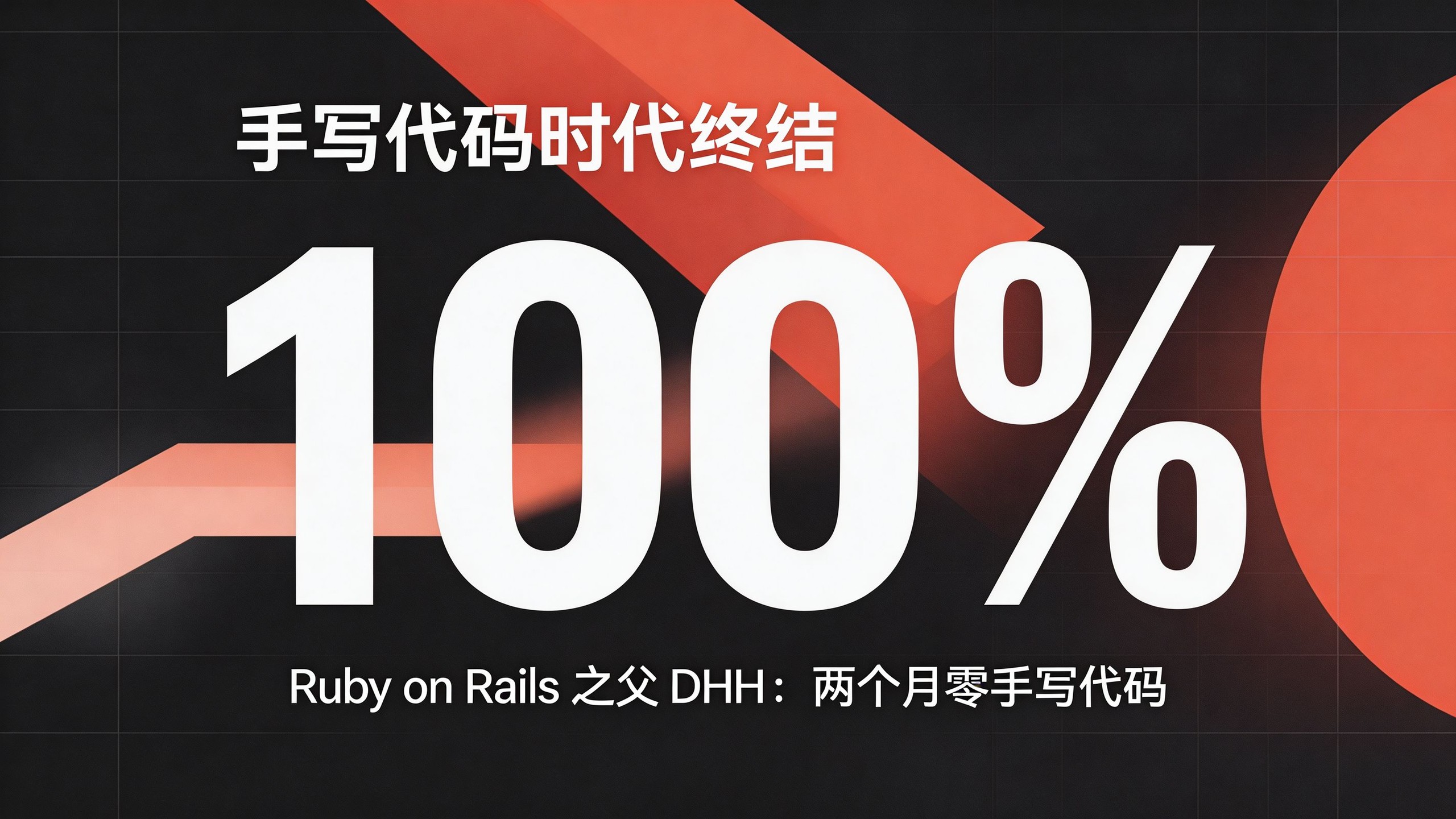 封面：高对比深色杂志风，炭黑底配珊瑚红强调色与斜切色块，中央超大白色数字 100% 为视觉核心，上方主标题「手写代码时代终结」，底部副标题一行