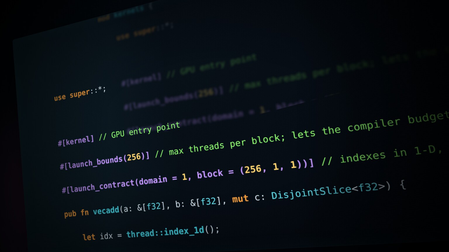 封面：暗色屏幕上显示的 Rust CUDA 内核源码，可见 #[kernel]、#[launch_bounds(256)] 与 DisjointSlice<f32> 等标注
