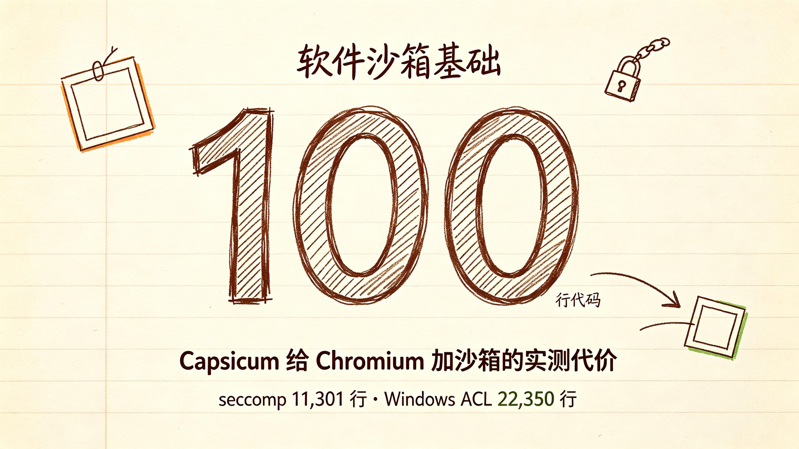 封面:暖色手绘教育风,超大数字 100 居中,副标题说明 Capsicum 只用 100 行代码就给 Chromium 加上沙箱