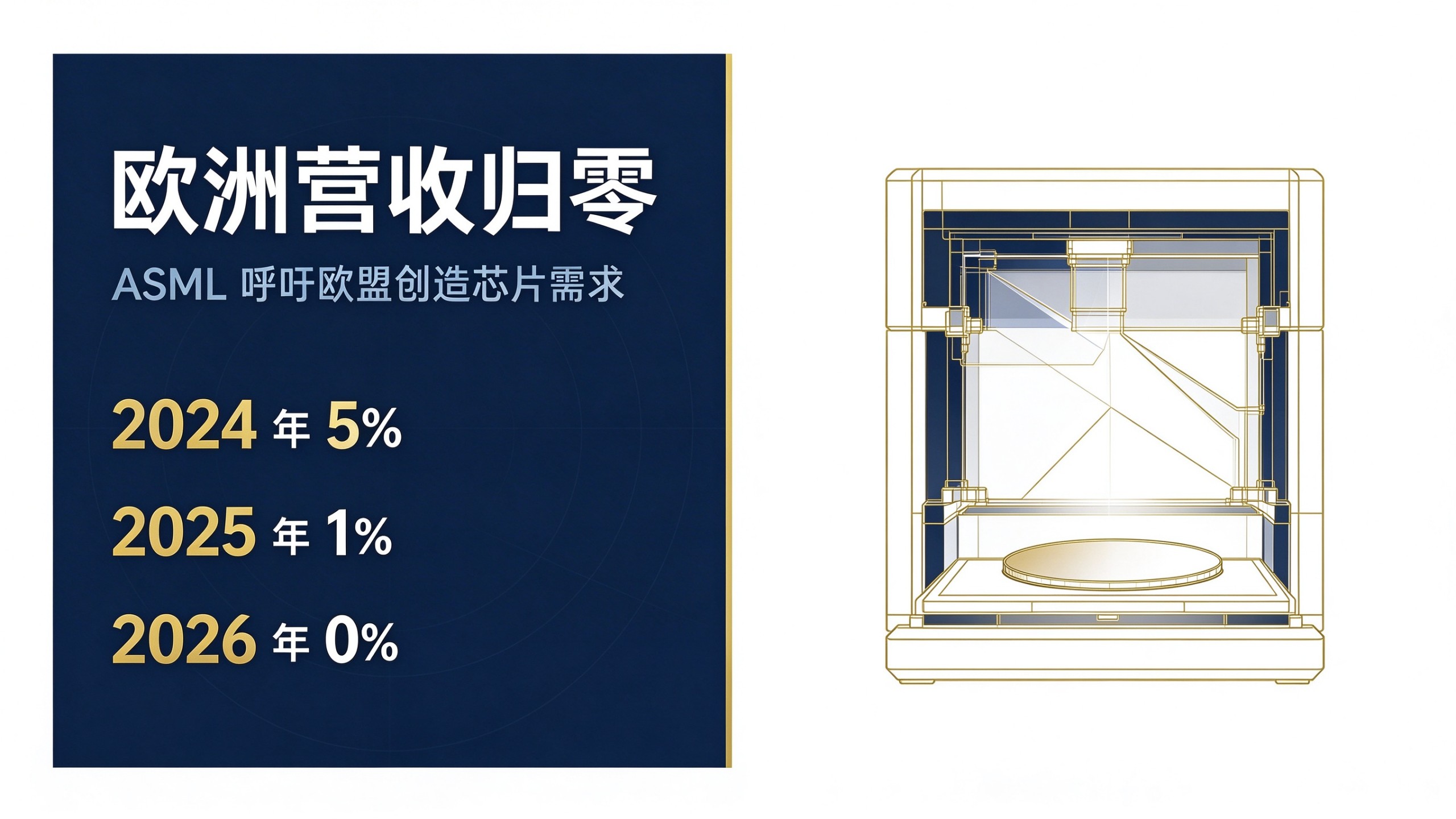 封面:商务专业风,白底配深藏蓝分栏与金色强调色,左栏竖排标题「欧洲营收归零」与「5% → 1% → 0%」时间线,右栏为金色线条绘制的 EUV 光刻机与晶圆抽象示意