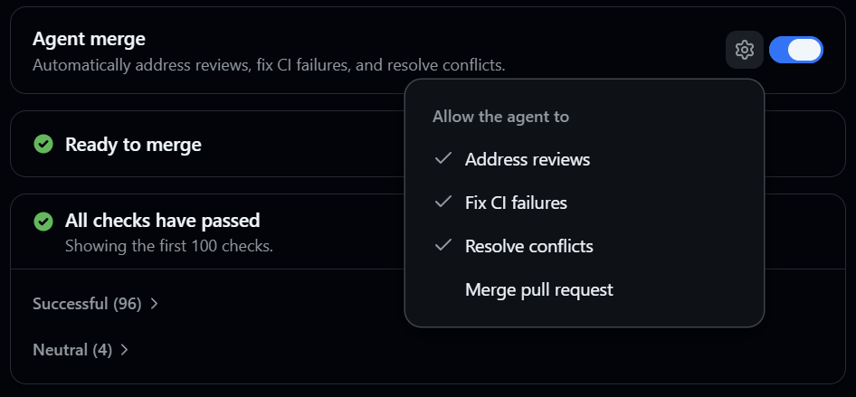 GitHub Copilot app 的 Agent Merge 面板,跟踪审查反馈、CI、冲突与合并就绪状态